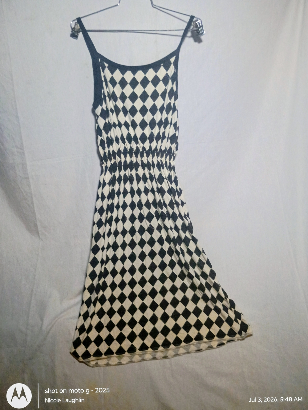 Black & White Diamond-Print Midi Dress with Spaghetti Straps